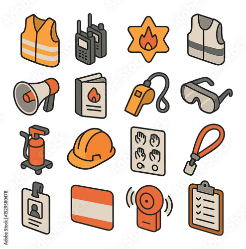 Fire drill training gear isometric set. high-visibility vest, walkie-talkie pair, fire warden badge, evacuation vest label, megaphone icon, training manual