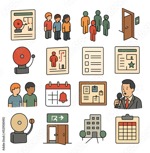 Fire drill for schools and offices isometric set. classroom drill poster, student lineup icon, staff meeting point, office door exit symbol, stairwell