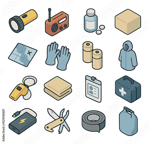 Flood emergency kit items isometric set. waterproof flashlight, emergency radio, water purification tablets, dry food pack, waterproof map, rubber gloves.