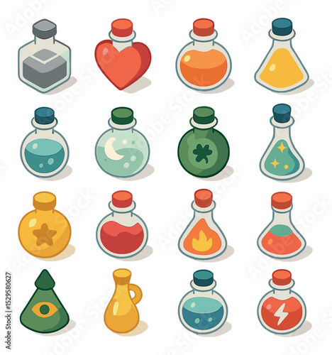 Effect-based potions isometric set. invisibility elixir, love potion, strength tonic, speed draught, truth serum, sleep mist, luck essence, shapeshift brew