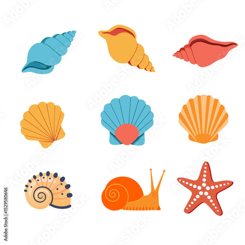 Cartoon Sea Shell Vector Set Bundle. Colorful Summer Beach Elements Perfect for Coastal Decor, Digital Art, Travel Blogs, and Creative Kids Activities