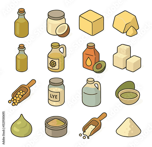 Soap base ingredients isometric set. olive oil bottle, coconut oil jar, shea butter block, cocoa butter piece, castor oil bottle, sunflower oil jug, palm