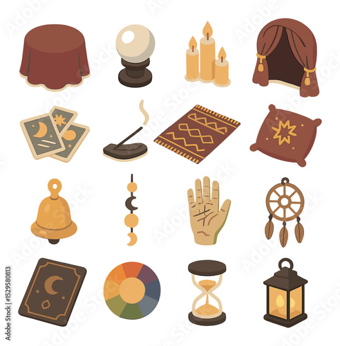 Fortune teller tent interior isometric set. velvet draped table, crystal ball on stand, glowing candle trio, tasseled curtain entrance, tarot card spread.