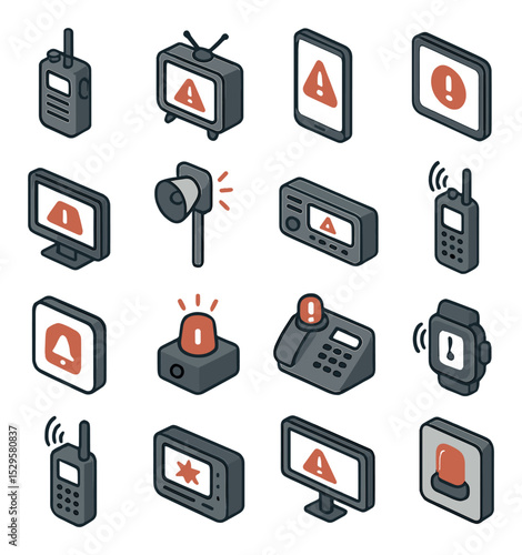 Emergency broadcast devices isometric set. handheld radio, TV with alert screen, smartphone with warning, tablet notification icon, desktop emergency alert