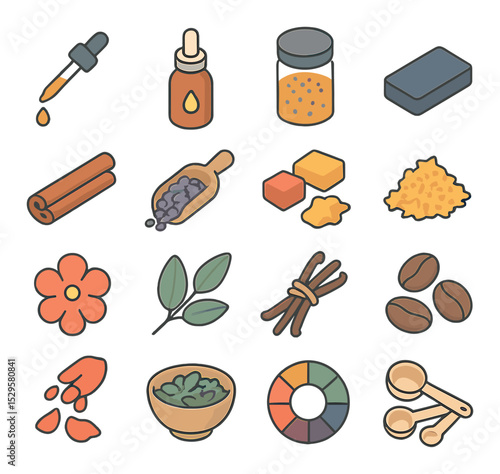 Scent and color additives isometric set. fragrance oil dropper, essential oil bottle, mica powder jar, color block for wax, cinnamon stick for scent.
