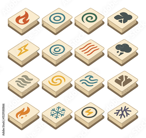 Elemental spellbook pages isometric set. flame incantation diagram, water ripple glyph, wind swirl sigil, earth rune block, lightning call sketch, frost
