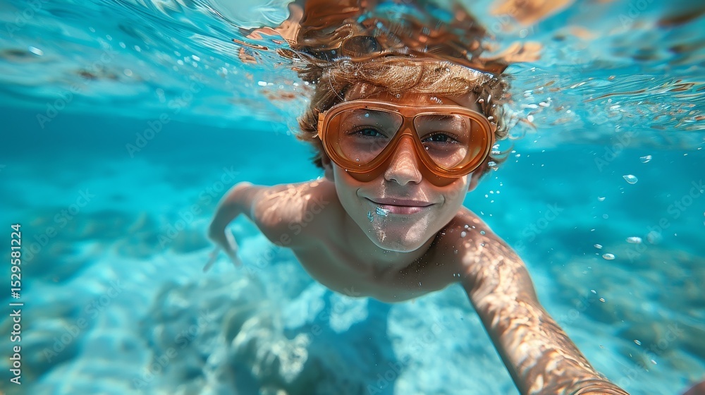 Fototapeta premium A cheerful child under the sea with snorkeling gear smiles at the camera, showcasing an adventurous spirit and the beauty of underwater exploration in a stunning aquatic world.