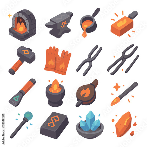 Mystical forging tools isometric set. enchanted forge, rune-etched anvil, molten metal ladle, glowing ingot, alchemical hammer, flameproof gloves.