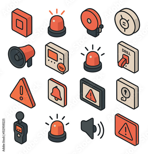Fire drill alarm and alert system isometric set. wall-mounted fire alarm, flashing red beacon, emergency bell icon, smoke detector, fire drill announcement