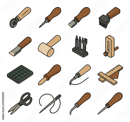 Leather crafting tools isometric set. rotary cutter, stitching awl, edge beveler, pricking iron, skiving knife, mallet, hole punch set, stitching pony.