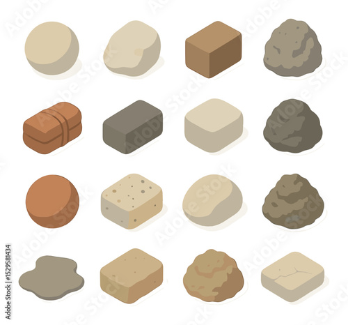 Types of clay used on the wheel isometric set. stoneware clay ball, porcelain clay lump, earthenware block, grogged clay mass, red clay bundle, gray