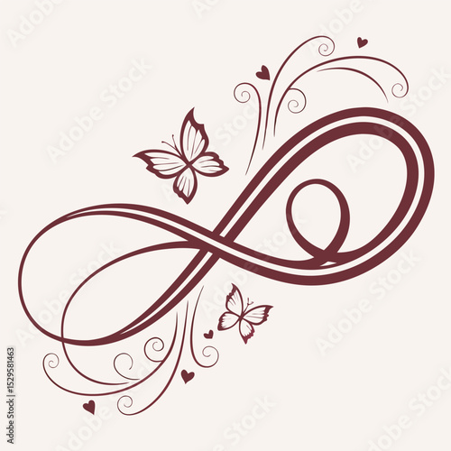 Elegant infinity symbol design featuring butterflies and decorative swirls in a maroon color scheme on a neutral background