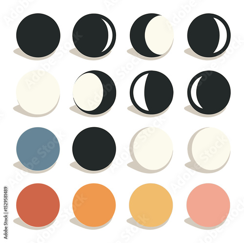 Lunar calendar phases isometric set. new moon, waxing crescent, first quarter, waxing gibbous, full moon, waning gibbous, last quarter, waning crescent.