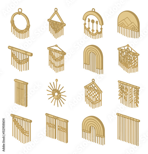 Macramé wall art shapes isometric set. circular hoop design, triangle hanger layout, moon phase arch, half-circle panel, horizontal driftwood rod.