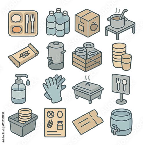 Food and water distribution isometric set. meal tray with utensils, bottled water pack, food ration box, soup kitchen station, nutrition bar, hot beverage