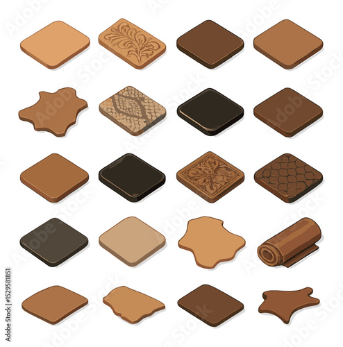 Leather types and textures isometric set. smooth veg-tan piece, embossed floral pattern, pebbled leather sheet, suede square, dyed full grain hide.