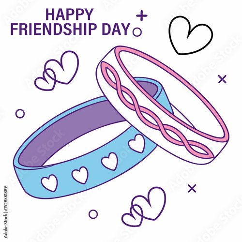 Happy friendship day celebration with two stylish friendship bands and hearts design in vector art for social media or greeting cards