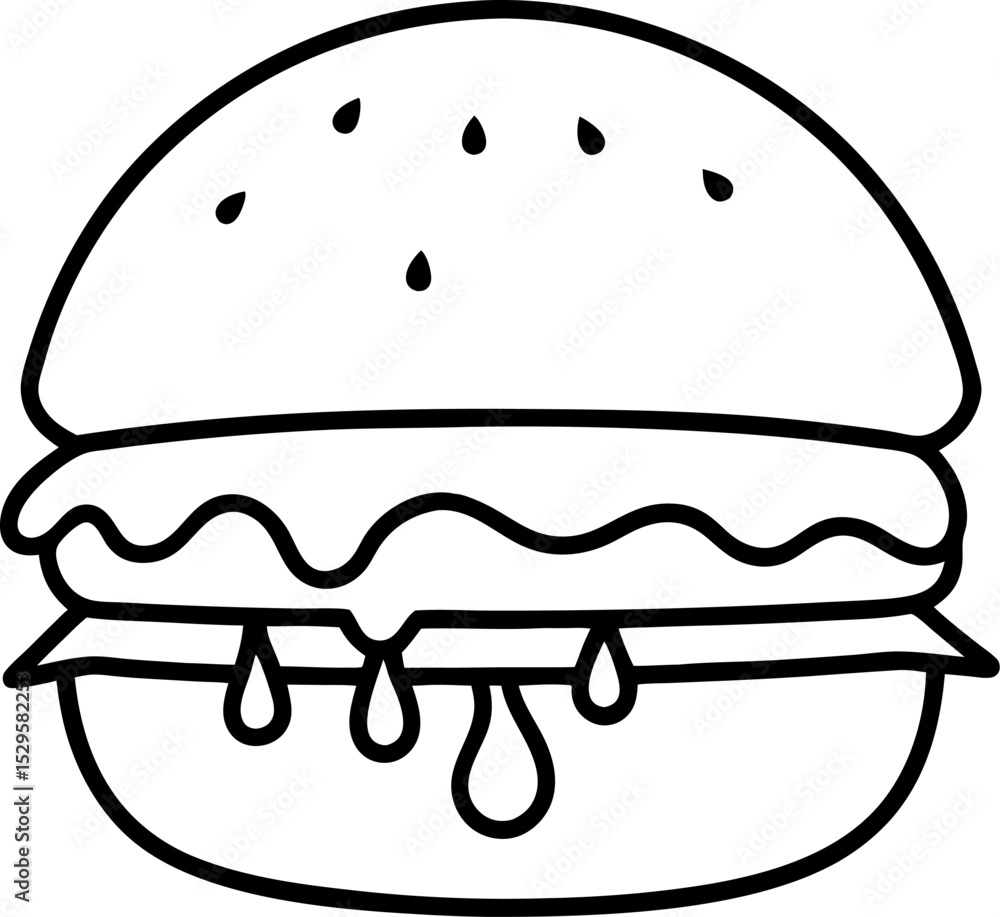 Simple and delicious vector illustration of a classic hamburger sandwich in black and white outline perfect for food related designs and culinary concepts Simple and delicious vector illustration of a classic hamburger sandwich in black and white outline perfect for food related designs and culinary concepts