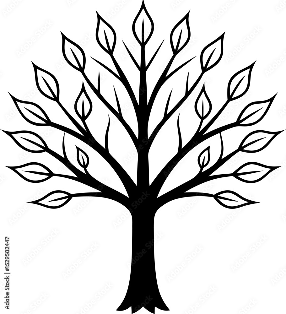 Stylized black and white tree silhouette with simple leaves symbolizing nature and growth for graphic design Stylized black and white tree silhouette with simple leaves symbolizing nature and growth for graphic design