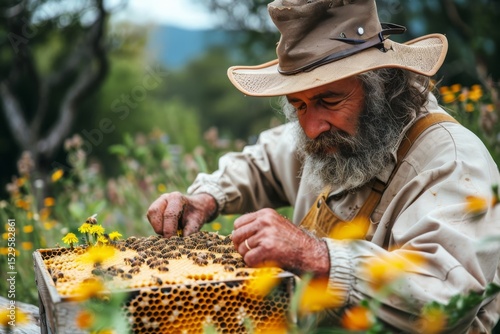 Dedicated beekeeper tending to a hive in a vibrant meadow surrounded by wildflowers in the afternoon sunlight