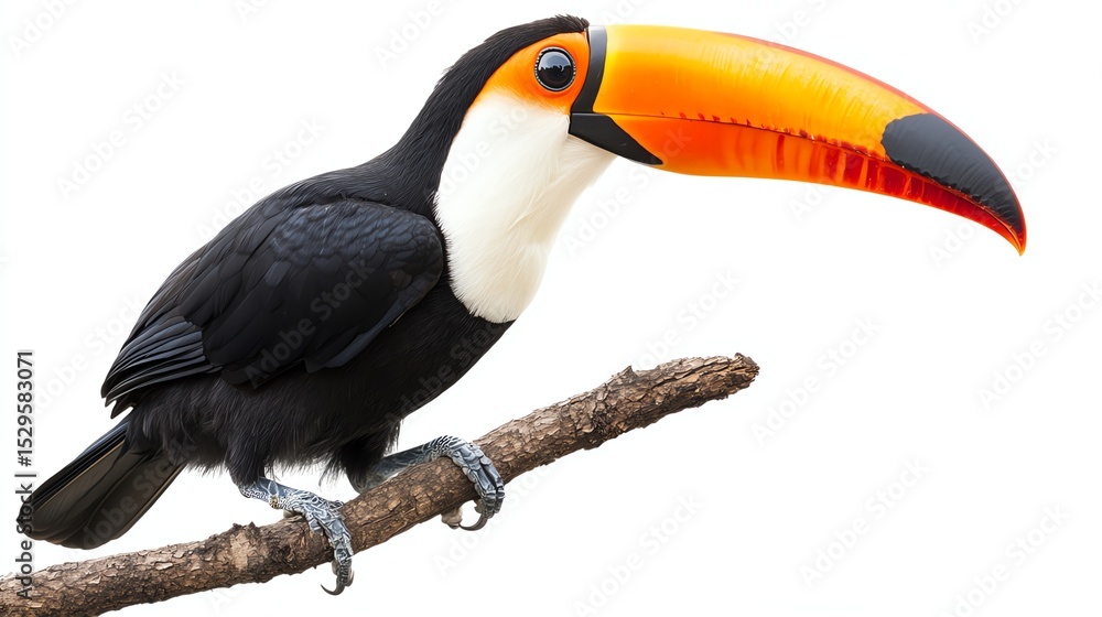 Naklejka premium a tropical toucan on a branch clipart, exotic bird, detailed painting, colorful, isolated on white background