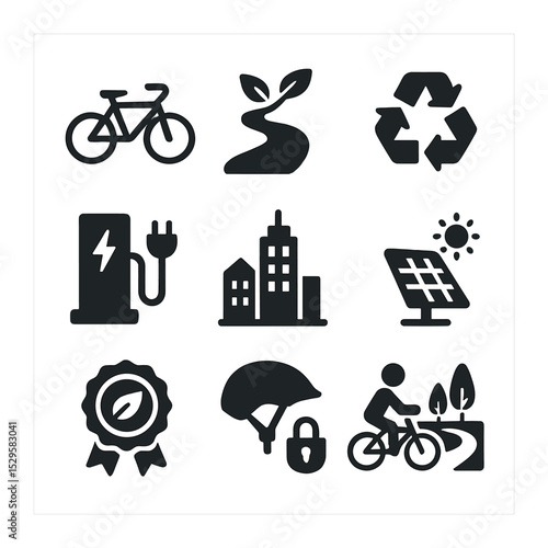 Eco-Friendly Transport Icons. Solid, filled icons set of eco-friendly transport: commuter bike, green path,