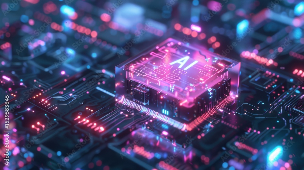Fototapeta premium Revolutionizing technology with AI a futuristic circuit board glows with dynamic pink and blue neon