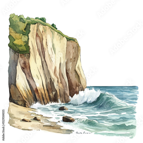 watercolor of Beach Waves Rocky Cliffs, vector high quality, isolated on a white background.
