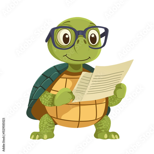 A wise turtle with a paper and spectacles, designed in a flat cartoon vector style isolated on white background, transparent background, png. 