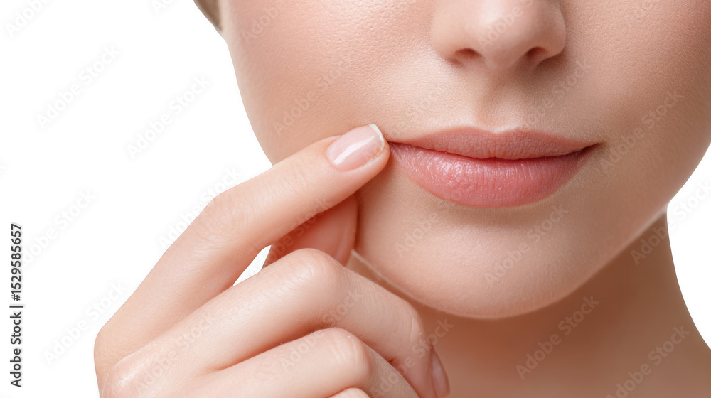 Obraz premium Close up of a woman gently touching her face, showcasing smooth skin and natural lip color, with a transparent background for easy integration into various designs