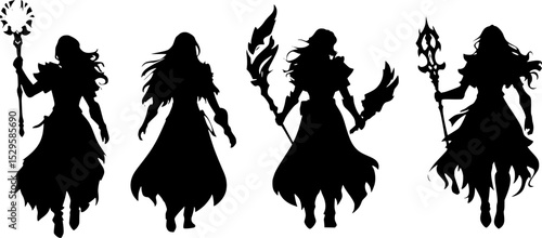 Four sorceresses holding magic staffs, casting spells in silhouette, creating a mystical and powerful atmosphere