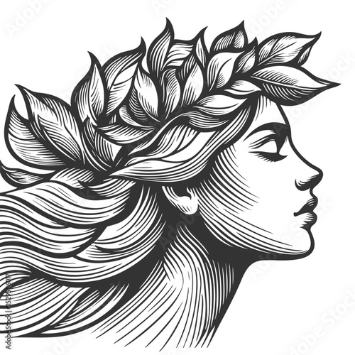 woman in profile wearing a laurel wreath, symbolizing victory, beauty, and classical mythology sketch engraving generative ai vector illustration. Scratch board imitation. Black and white image.