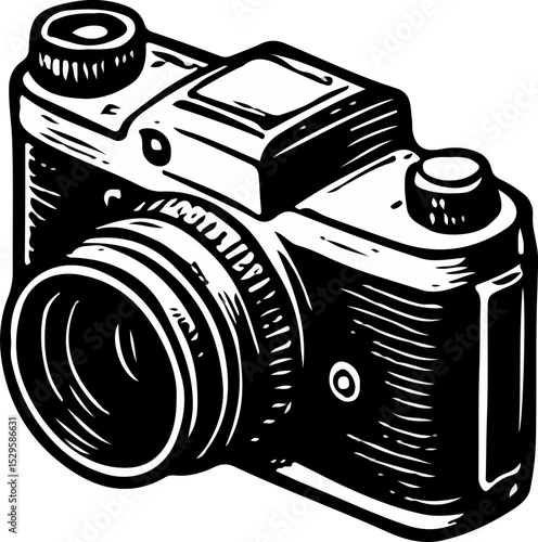 Compact camera with large lens and flat body, rendered in crisp black sketch with mechanical charm
