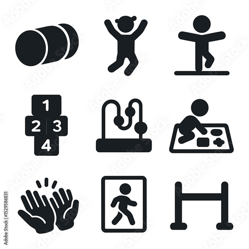 Early Childhood Play Icons. Solid, filled icons set of early childhood physical play: crawling tunnel, jumping