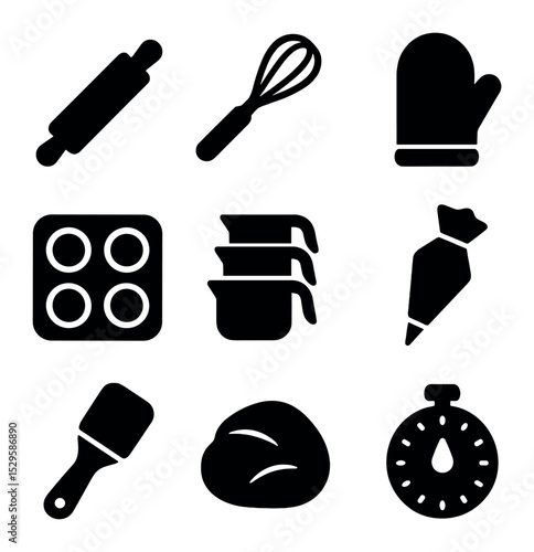Baking Icon Grid. Solid, filled icons set of baking workshops and pastry skills: rolling pin, whisk, oven mitt