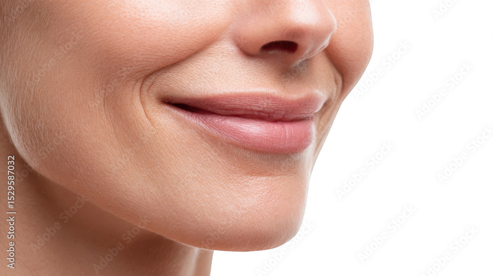 Obraz premium Close up of smiling woman's lips and chin showing perfect skin and gentle expression on transparent background, perfect for beauty, cosmetics and skincare projects