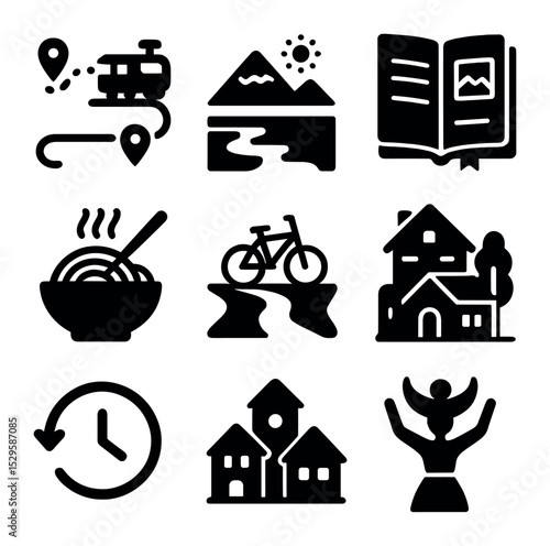Slow Travel Icons. Solid, filled icons set of slow travel for mental reset: train route, scenic view, travel