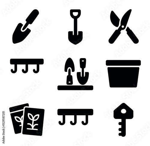 Garden Tools Icons. Solid, filled icons set of essential garden tools storage: hand trowel, spade, pruning