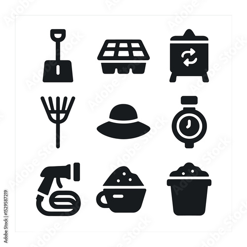 Seasonal Garden Icon Set. Solid, filled icons set of seasonal garden maintenance: snow shovel, seed starter