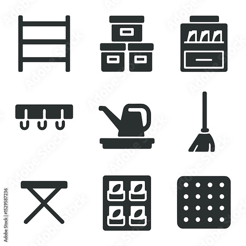 Garden Shed Icons. Solid, filled icons set of garden shed interior organization: shelving unit, labeled boxes,
