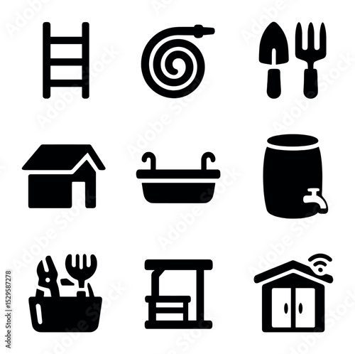 Urban Garden Storage Icons. Solid, filled icons set of urban garden storage: vertical rack, compact hose,