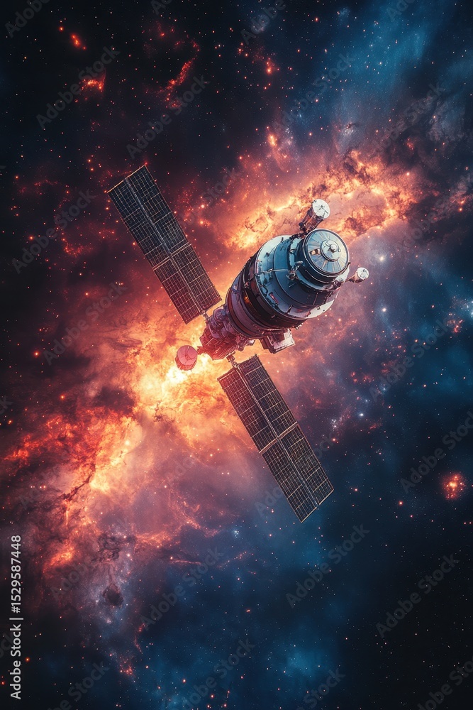 Exploration of space with a detailed satellite hovering amidst vibrant cosmic colors and brilliant stellar formations in the universe Exploration of space with a detailed satellite hovering amidst vibrant cosmic colors and brilliant stellar formations in the universe