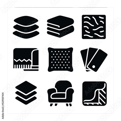 Home Decor Icons. Solid, filled icons set of home decor layering: cushion pile, blanket stack, fabric texture,