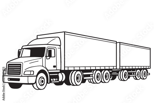 Vector drawing of a tandem trailer truck in black and white, using thick black outlines and simplified shapes for a clean, industrial appearance.

