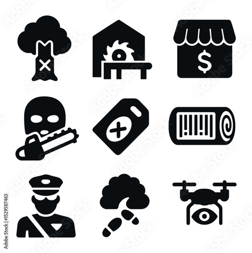 Environmental Crime Icons. Solid, filled icons set of illegal logging and environmental crime: marked tree,