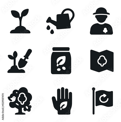 Reforestation Icons Set. Solid, filled icons set of reforestation and ecosystem recovery: sapling, watering