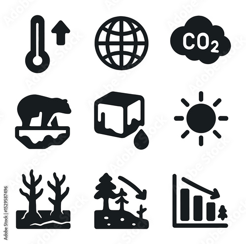Deforestation Impact Icons. Solid, filled icons set of global warming linked to deforestation: rising
