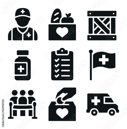 Humanitarian Aid Icons. Solid, filled icons set of humanitarian aid distribution: aid worker, food parcel,
