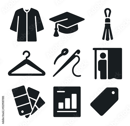 Cap and Gown Icons. Solid, filled icons set of cap and gown essentials: zippered gown, fitted cap, stitched