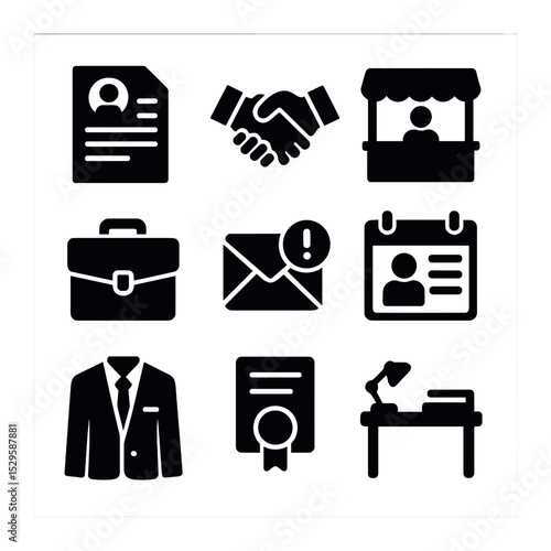 Career Transition Icons. Solid, filled icons set of school-to-career transition: resume icon, handshake,